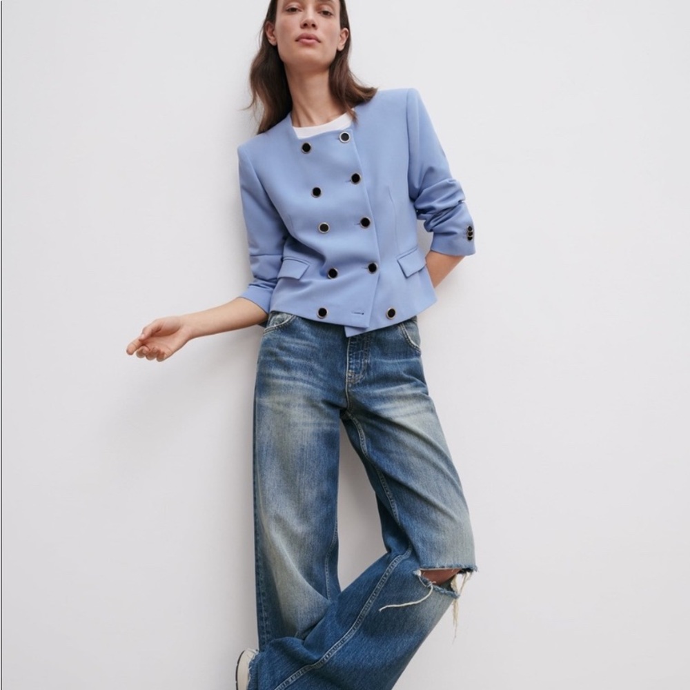 Zara Women's Light Blue Double-Breasted Jacket